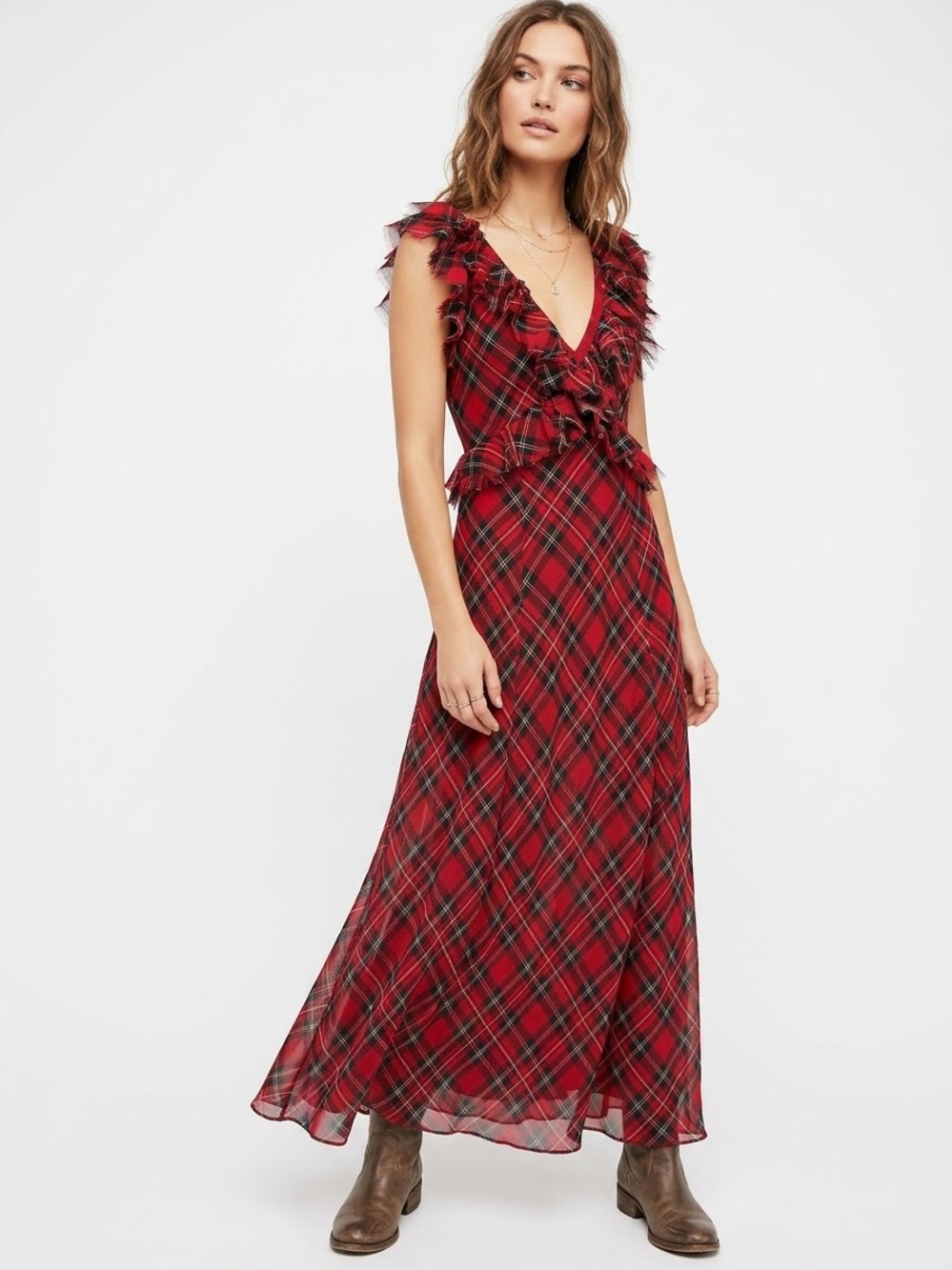 Free People Venetia Plaid Maxi Dress 12 Red Tartan Ruffle Boho Grunge Holiday